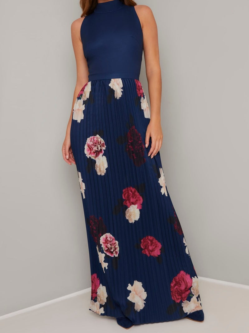 Tall Contrast Floral Pleat Detail Maxi Dress in Blue