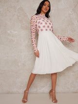 Lace Crochet Long Sleeve Midi Dress in White