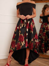 Bardot Floral Print Dip Hem Midi Dress in Black