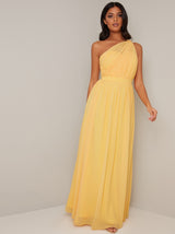 One Shoulder Pleat Design Maxi Dress In Yellow