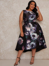 Plus Size Floral Dip Hem Midi Dress in Black