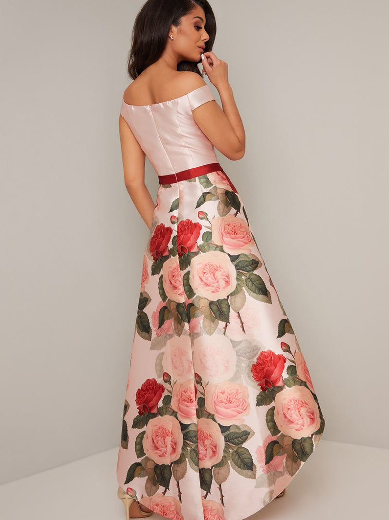 Bardot Contrast Floral Pring Dip Hem Dress in Pink