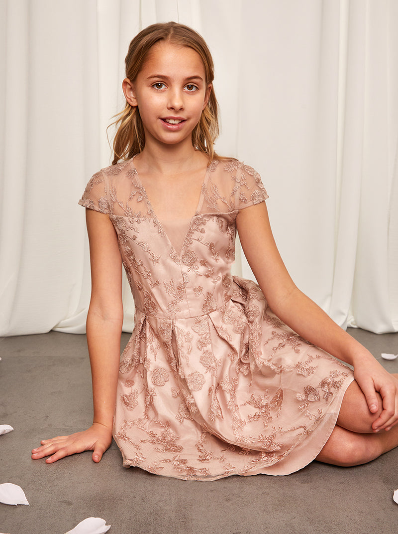 Older Girls Embroidered Midi Dress in Champagne