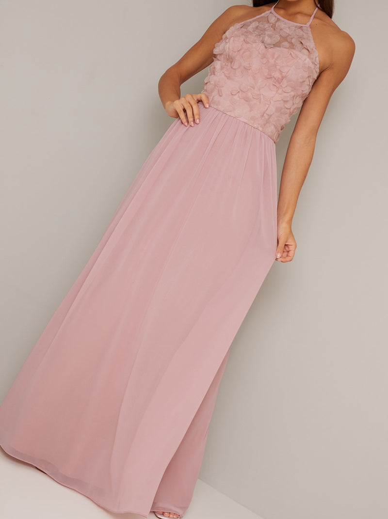 Halter Neck Floral 3D Bodice Maxi Dress in Pink