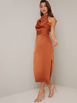 Silky Halter Neck Side Split Midi Dress in Orange