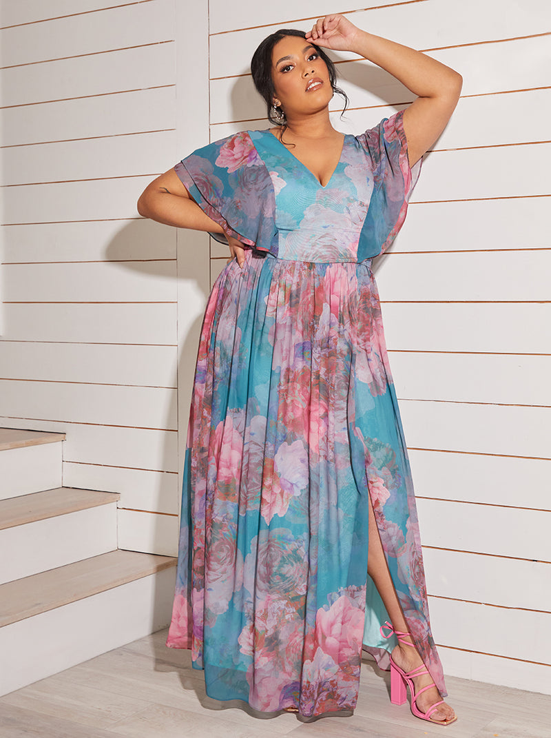 Plus Size Angel Sleeve Floral Maxi Dress in Green