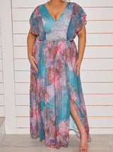 Plus Size Angel Sleeve Floral Maxi Dress in Green