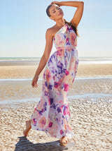 One Shoulder Floral Maxi Dress in Purple