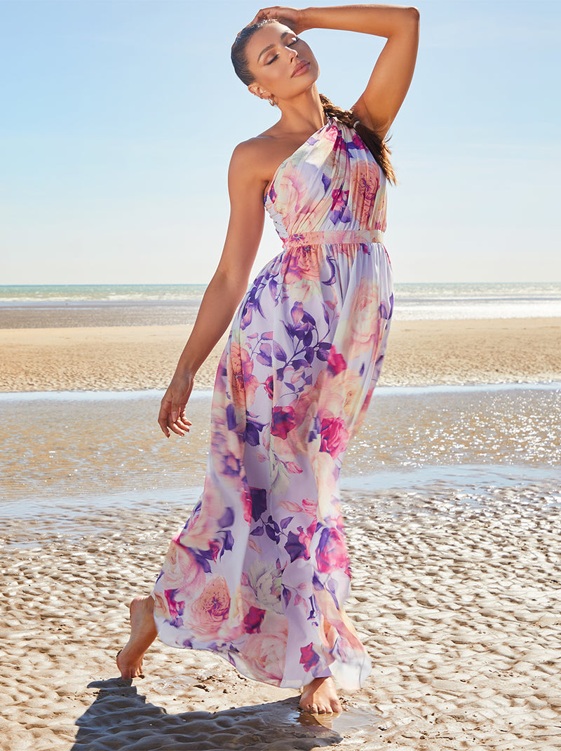 One Shoulder Floral Maxi Dress in Purple
