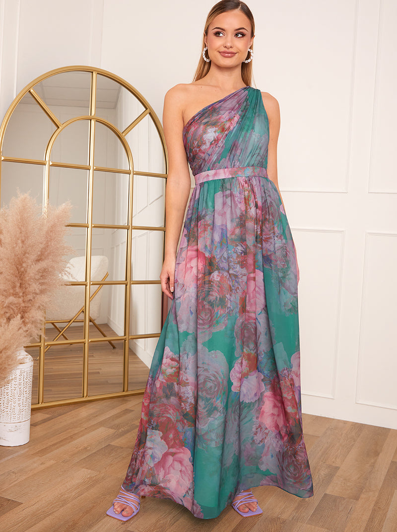 Petite One Shoulder Floral Print Maxi Dress in Green