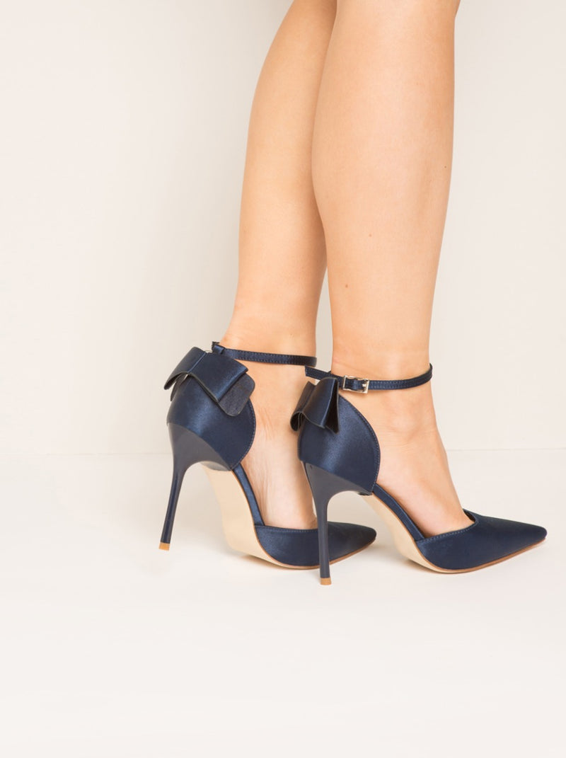 High Heel Bow Detail Satin Court Show in Blue