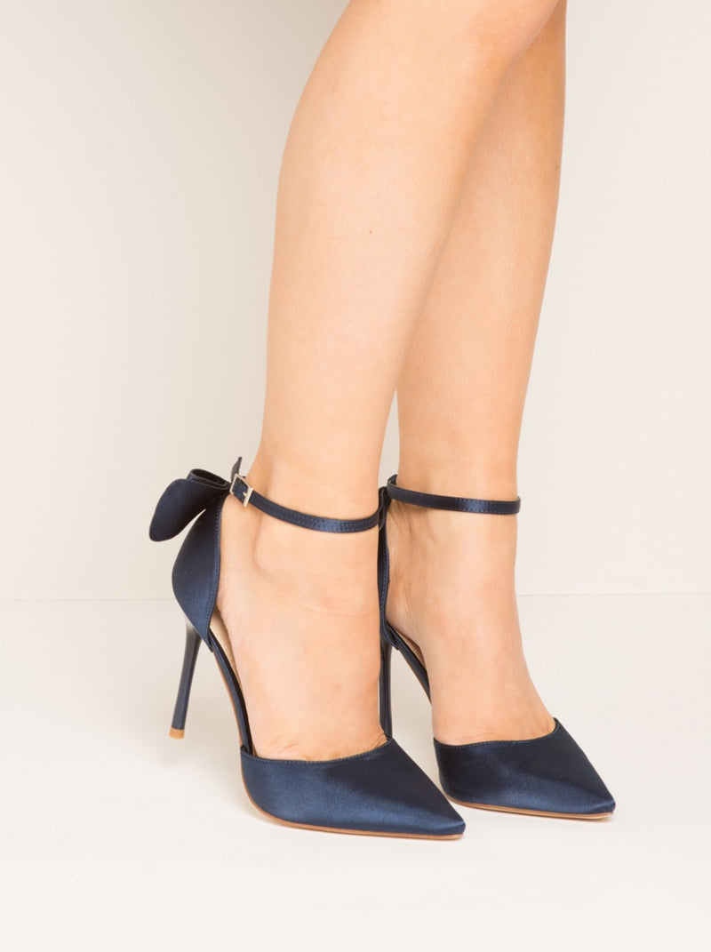 High Heel Bow Detail Satin Court Show in Blue