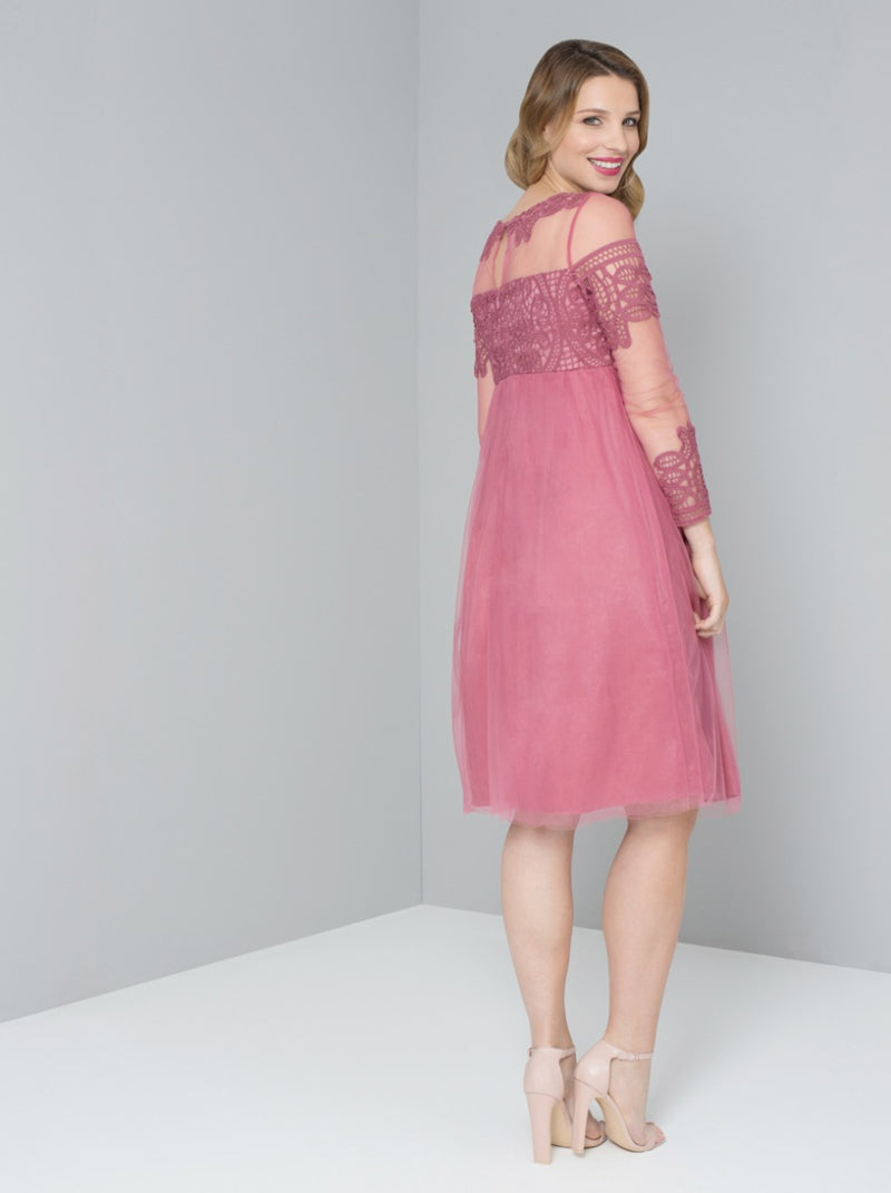 Maternity Sheer Sleeve Lace Tulle Midi Dress in Pink