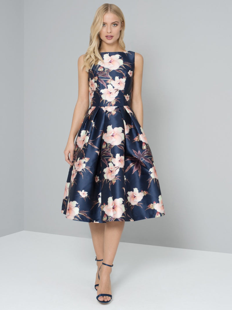 Graphic Floral Print Pleated Skirt Midi Dress in Navy Blue