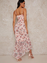 Floral Print Frill Hem Maxi Dress in Pink
