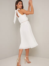 Halter Style Pleated Frill Detail Midi Dress in White