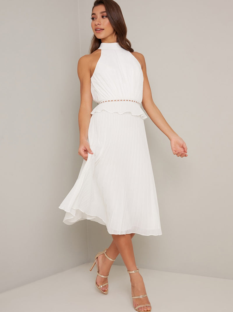 Halter Style Pleated Frill Detail Midi Dress in White