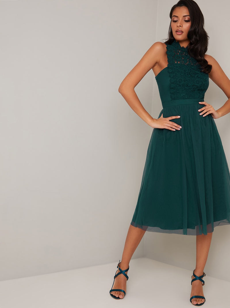 High Neck Lace Panel Tulle Midi Dress in Green