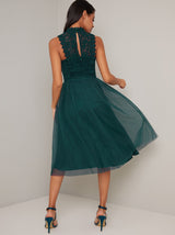 High Neck Lace Panel Tulle Midi Dress in Green