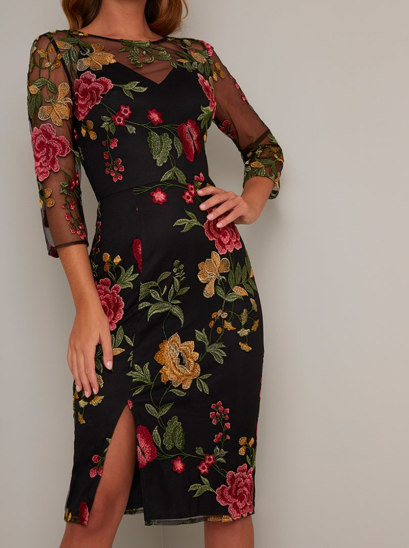 Sheer Sleeve Lace Embroidered Midi Dress in Black