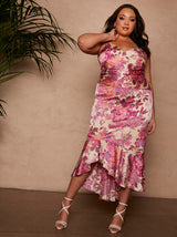 Plus Size Sleeveless Floral Print Ruffle Midi Dress in Pink