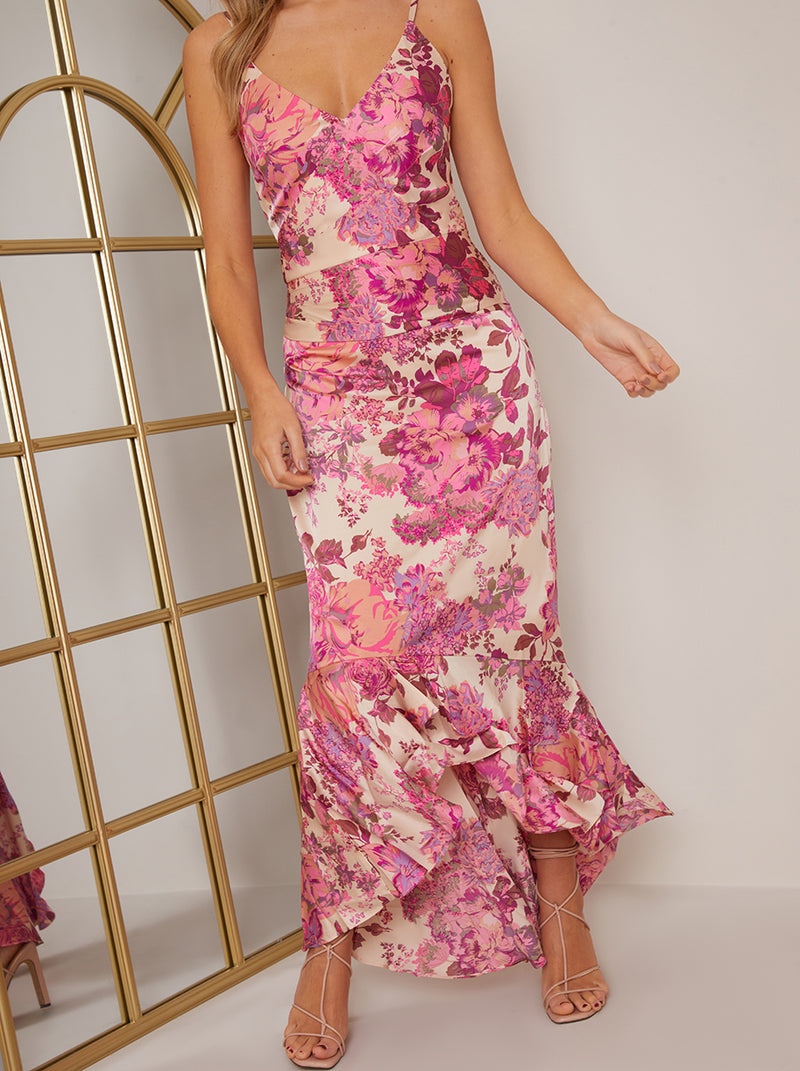 Sleeveless Floral Print Ruffle Midi Dress in Pink
