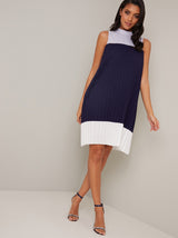 Pleated High Neck Panel Swing Dress in Blue