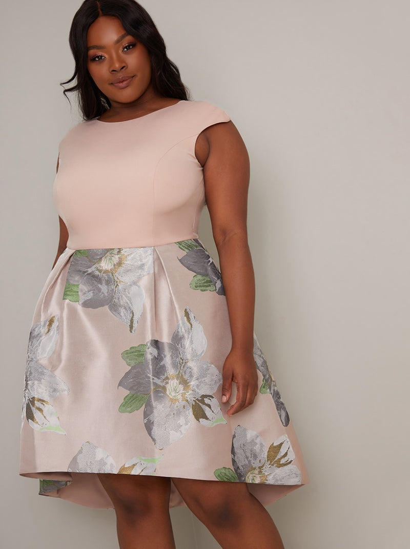 Plus Size Floral Print Jacquard Design Dip Hem Dress in Pink