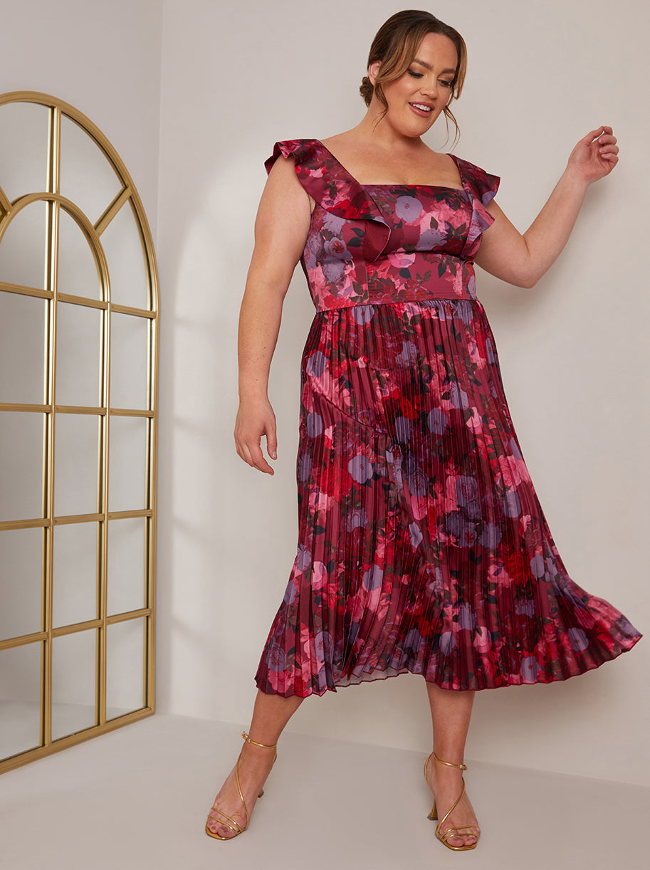 Plus Size Floral Print Ruffle Pleated Midi Dress in Burgundy – Chi Chi ...