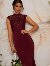 High Neck Lace Fitted Maxi Bridesmaid Dress in Red