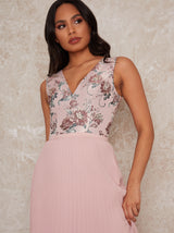 Sleeveless Floral Jacquard Dip Hem Midi Dress in Pink