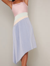 Cami Strap A-Symmetric Pleat Midi Dress in Blue
