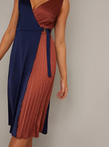 Colour Block Wrap Design Pleat Midi Dress in Multi