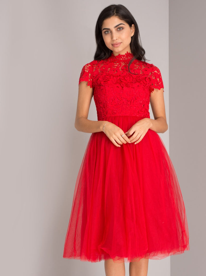 High Neck Lace Bodice Tulle Midi Dress in Red