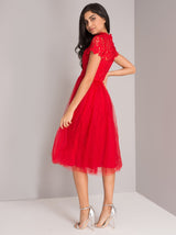 High Neck Lace Bodice Tulle Midi Dress in Red