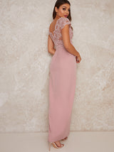 Cap Sleeve Embroidered Maxi Dress in Pink