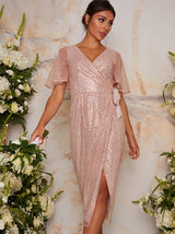 Sequin Wrap Midi Dress With Short Sleeves In Pink