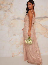 Petite Sequinned Cami Strap Maxi Dress In Champagne