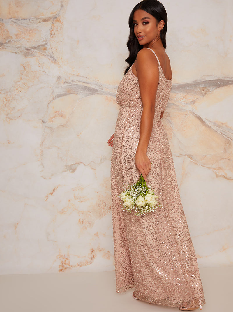 Petite Sequinned Cami Strap Maxi Dress In Champagne