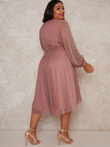Plus Size Long Sleeve Dip Hem Party Dress in Pink