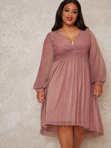 Plus Size Long Sleeve Dip Hem Party Dress in Pink