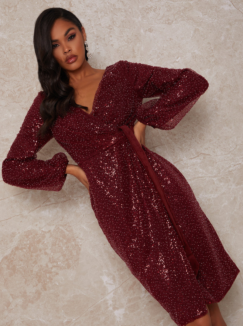 Sequin Midi Party Dress with Wrap Design in Red