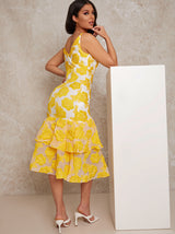 Peplum Jacquard Bodycon Dress in Yellow
