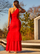 One Shoulder Ruched Maxi Dress in Red