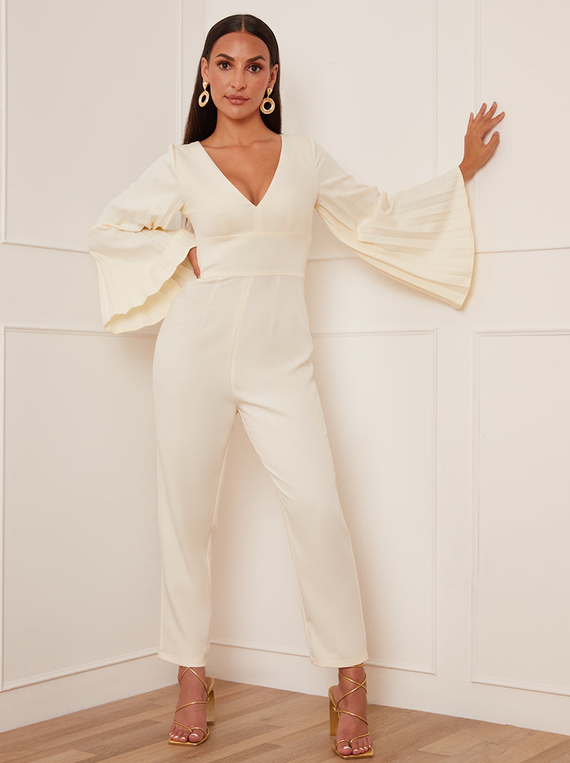 Petite Long Bell Sleeve Pleated Jumpsuit in Cream – Chi Chi London