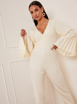 Petite Long Bell Sleeve Pleated Jumpsuit in Cream