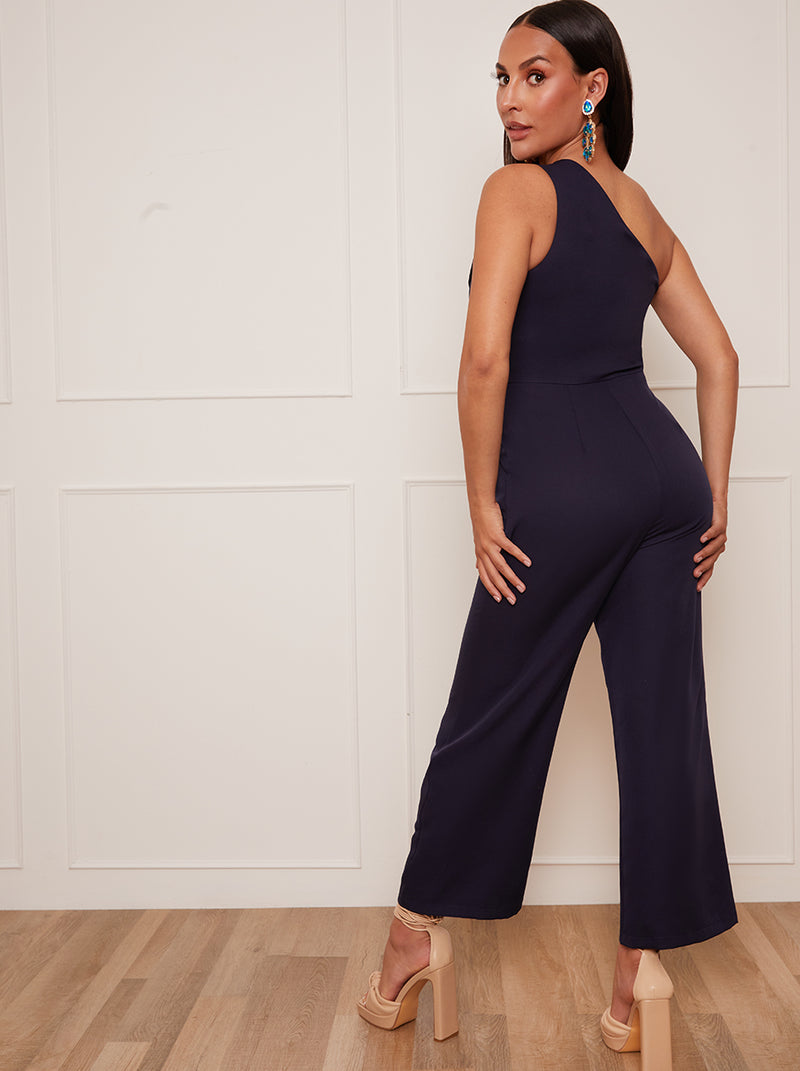 Petite Cut Out One Shoulder Jumpsuit in Navy