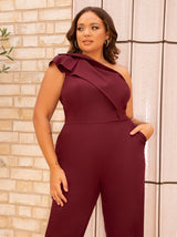 Plus Size One Shoulder Ruffle Detail Jumpsuit in Red