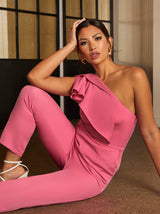 One Shoulder Ruffle Detail Jumpsuit in Pink