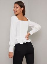 Puff Sleeved Button Peplum Top in White